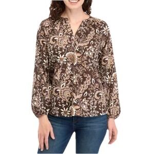 Kim Rogers Brown‎ Floral Long Sleeve V-Neck Pullover Blouse Size Large